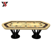 Table de poker Texas Holdem sur pied évasé personnalisée YS OEM, tapis à motif Mandala, 10 porte-gobelets, rail en cuir crème, style casino