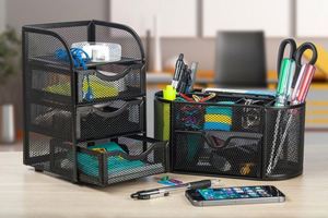 Ensemble d'organisateur de <span class=keywords><strong>bureau</strong></span> en maille métallique 2 pièces, caddie de fourniture de <span class=keywords><strong>bureau</strong></span> ovale et Mini organisateur à 3 tiroirs, <span class=keywords><strong>rangement</strong></span> de <span class=keywords><strong>bureau</strong></span> 1 ensemble/carton - Product Image 4
