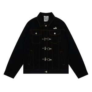 Veste Trucker Homme Personnalisée en Jean Noir avec Fermeture à Boucle Style Pompier, Vêtement de Travail Vintage, Streetwear, Style Rétro, OEM ODM Marque Privée - Product Image 2