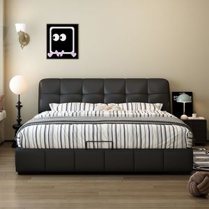 Modern Minimalist Leather Double Bed With Storage Soft <b>Backrest</b> Low Box Design For Master Bedroom Home Use - Product Image 3