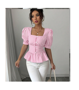 Blusa Ligera y Fluida de Manga Corta con Cuello Asimétrico y Estampado a Cuadros para Mujer, en Tela de Polialgodón, para Uso Casual en Todas las Temporadas - Product Image 1