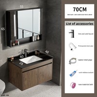 Armoire de salle de bain murale moderne en alliage d'aluminium couleur noyer nordique avec miroir LED tactile intégré et vasque en céramique pour villa