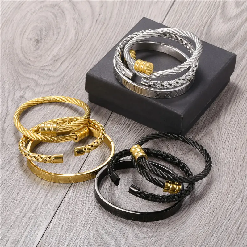 Hip Hop 3pcs/set Royal Roman Love Bangle Stainless Steel Rectangle Bracelet For Men's Jewelry