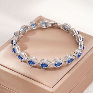 Blue Pear Zircon Bracelet Chain Link <b>Bangle</b> Silver Tone Adjustable Jewelry <b>for</b> Women Gift Party Wedding - Product Image 3