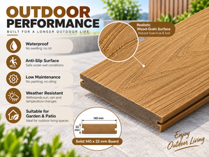 Planche de terrasse en WPC solide 140x22mm <span class=keywords><strong>couleur</strong></span> <span class=keywords><strong>teck</strong></span>, imperméable, antidérapante, longueur personnalisée pour usage extérieur - Product Image 5