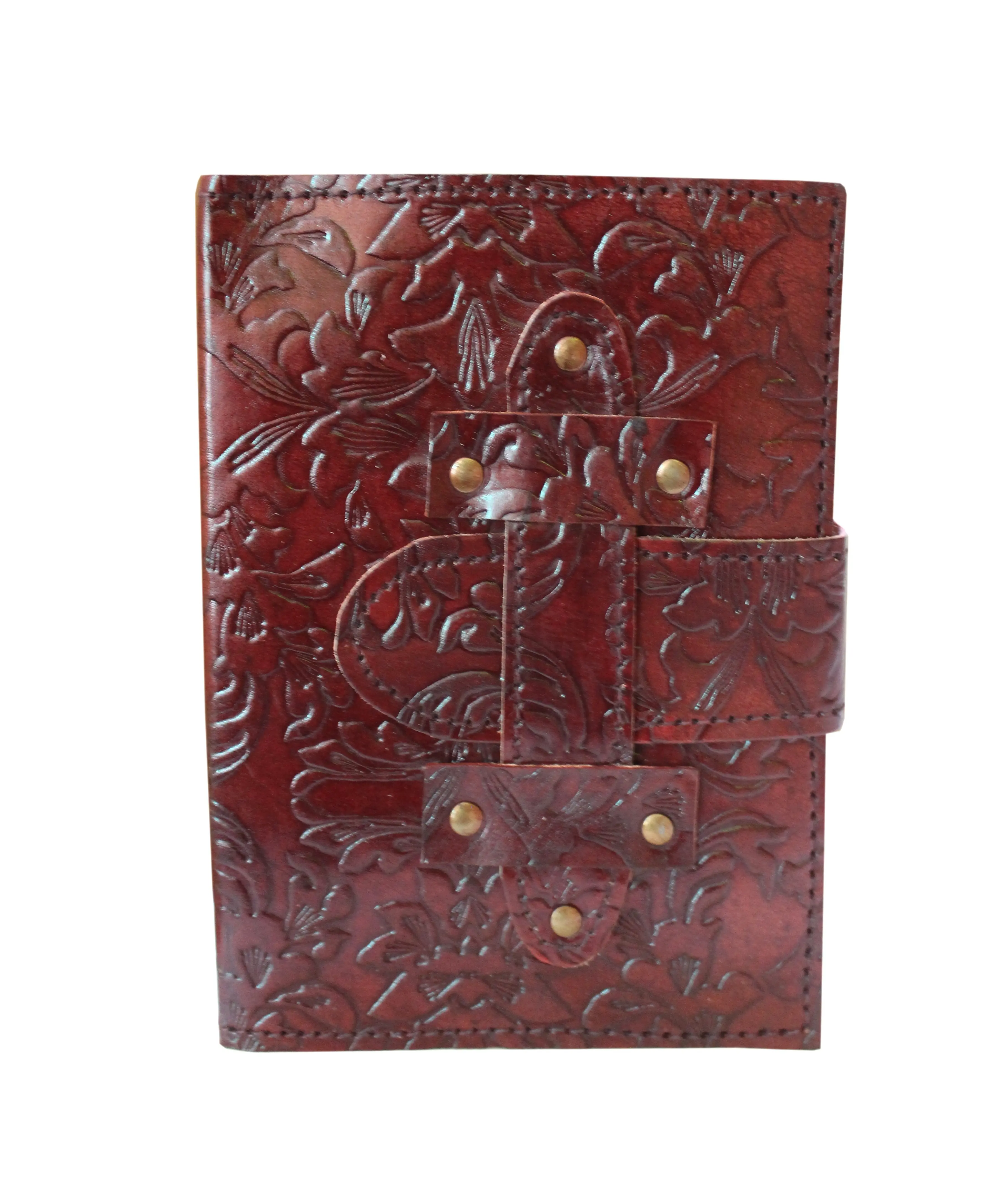 floral design brown color embossed pasted belt closure diary 7x5 notebook leather journal