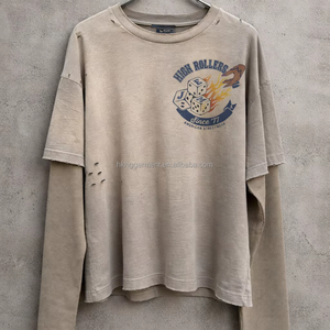 Custom Vintage acid Wash Heavyweight Streetwear Tshirt Screen Print <b>Waffle</b> distressed Double Layer Long Sleeve T <b>Shirt</b> Men - Product Image 1