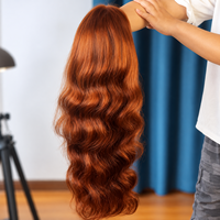 Perruque Lace Front en Cheveux Humains Ondulés Brun Cuivré avec Frange, Longue Ondulée Auburn, Sans Colle, Pré-épilée, Base en Soie, Perruque Topper