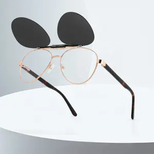 品牌设计飞行员光学眼镜架带磁铁夹男士太阳镜近视复古眼镜复古女性驾驶眼镜