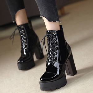 Botines de Mujer con <span class=keywords><strong>Plataforma</strong></span> de <span class=keywords><strong>Charol</strong></span> Efecto Espejo, Punta Redonda, Talla Grande 43, Cremallera Lateral, Tacón Grueso y Alto, Botines Cortos para Damas - Product Image 5