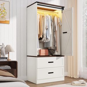 Armoire sur mesure en bois à 2 portes, panneaux surélevés, style ferme, avec éclairage LED, portes coulissantes pliantes type grange, écologique, pour rangement de chambre - Product Image 1