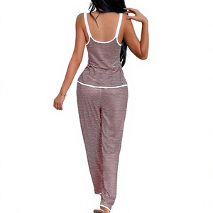Women's Striped Lounge <b>Set</b> <b>Square</b> Collar Sleeveless Top Drawstring Pants Casual Summer Wear Soft Knitted Polyester/Cotton Fit - Product Image 2
