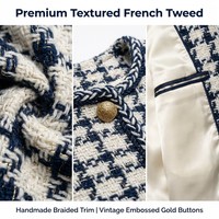 Ensemble tailleur chic parisien en tweed pour femme, OEM ODM, blazer sans col, pantalon droit, vêtements de travail de luxe, boutique de vêtements