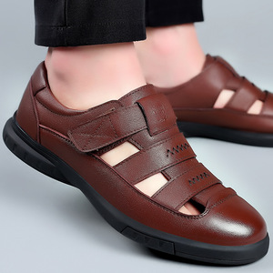 Breathable Leather <b>Clogs</b> For <b>Men</b> Black Velcro Closure Soft Sole Summer Casual Shoes Adult Size 8155 - Product Image 2