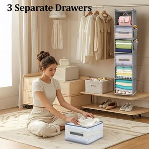 Hanging Closet Organizer <b>6</b>-Shelf With 3 <b>Drawers</b> Modern Clothing Storage For Bedroom Hook Type Non-Woven Fabric - Product Image 4