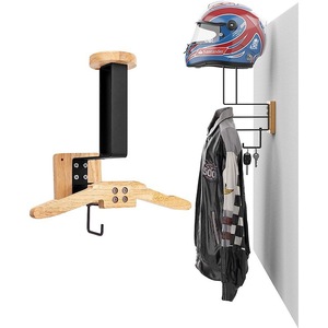 <b>Wooden</b> Wall Mounted <b>Coat</b> Rack With Helmet Holder And Key <b>Hooks</b> For Motorcycle Gear Storage - Product Image 1