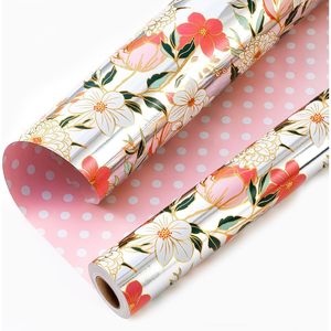 Floral Wrapping Paper Roll 46.8 Sq Ft Metallic Foil Reversible Polka Dot Design For <b>Bridal</b> Shower Gift <b>Wrap</b> Decorative - Product Image 1