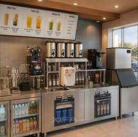 Équipement de magasin de bubble tea multi-tâches : table de travail en acier inoxydable avec scelleuse, urnes et mixeur