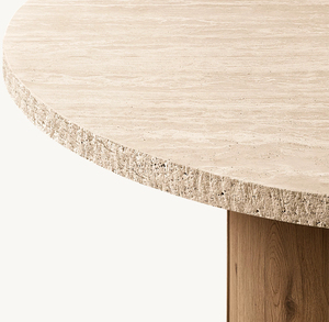 Table à manger ronde en travertin et chêne, plateau en pierre à bords ciselés, mobilier minimaliste japonais pour projets de luxe - Product Image 3