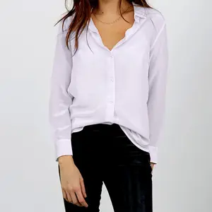 High quality silky Polyester White Office ladies work women's blouses and shirts