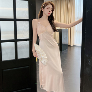 2023 nouveau Senior femmes Style français glace soie <span class=keywords><strong>chemise</strong></span> <span class=keywords><strong>de</strong></span> <span class=keywords><strong>nuit</strong></span> longue robe poitrine Pad Sexy été pyjamas pour la maison vêtements pur désir - Product Image 6