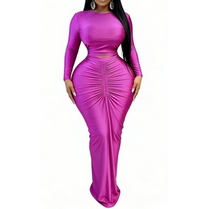 Women's 2-Piece Ruched Set Long Sleeve Crop Top & High Waist Maxi <b>Skirt</b> for Party & Evening Wear Fashion - Product Image 1