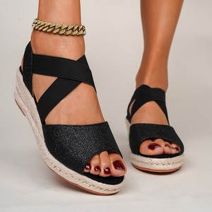 Sandalias de cuña con punta abierta, purpurina, banda elástica, suela de paja, plataforma, zapatos de verano para mujer - Product Image 1