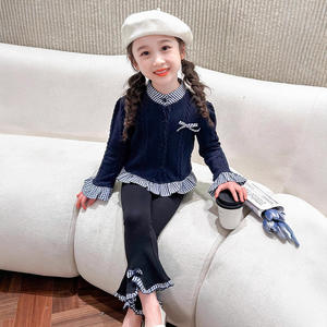 New Style Autumn Girls Lady College Style Knit <strong>Cardigan</strong> Patchwork and Pleated Pant Two-piece Set - Product Image 4