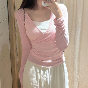 Haut côtelé à manches longues et col en V pour femme, coupe ajustée, extensible, décontracté, basique, T-shirt tendance automne-hiver, nouveau style 2026 - Product Image 4