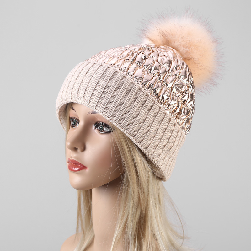 Women Winter Hat Slide On Winter Hats Warm Down Faux Fur Ball Knit Beanie Cap Knit Winter