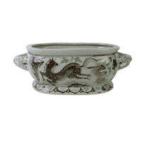 Vas Lantai Keramik Porselen Oval Motif Bunga Burung Pheasant Ganda Warna Biru Hijau, Lukisan Tangan Gaya Cina, Pot Bunga Dekoratif
