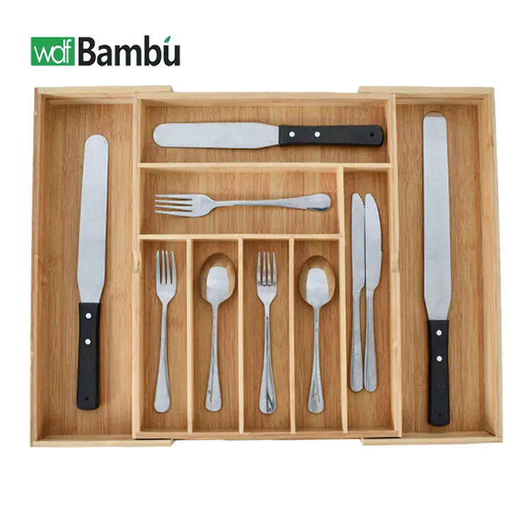 WDF Expandível Utensílio de bambu Organizador de talheres Bandeja de talheres talheres organizador de gaveta de cozinha para cozinha