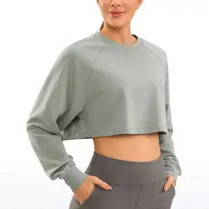 Sweat-shirt court à manches longues pour femmes, 100% coton, uni, solide, raglan, gym, sport, entraînement