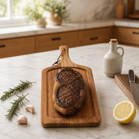 Planche de service en bois d'acacia naturel poli et durable avec poignée et rainure à jus pour fêtes, steaks, barbecues et charcuteries