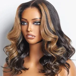 Wholesale Short Wig Supplier Highlight Brown Bouncy Loose Wavy Natural Black Human Hair Glueless HD Transparent Lace Front Wig