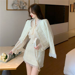 Guangzhou Auyan, Модный комплект из 2 предметов, твидовый кружевной пиджак в стиле пэчворк и юбка с высокой талией, длиной выше колена, Винтажные Украшения - Product Image 4