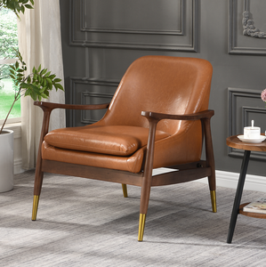 29.2'' Mid-Century Faux Leather Accent Chair with Cushioned Seat, Solid <b>Wood</b> <b>Frame</b>, and Brass-Tipped Legs - Product Image 1
