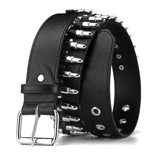 Cinturones con remaches de bala para hombre, Cinturón con tachuelas de cuero sintético, estilo Hip Hop, Punk, negro, personalizado, venta al por mayor