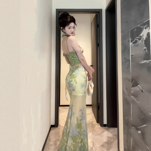 Traditional Chinese Women Two Piece Set Printed Top And Long Skirt Green Party Casual Wear Polyester Fiber - Product Image 5