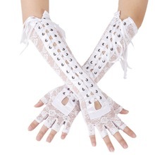 Gants mi-doigts sexy en dentelle florale pour femmes, longueur coude, avec liens en ruban noir, pour soirée dansante, mitaines en résille sans doigts - Product Image 4