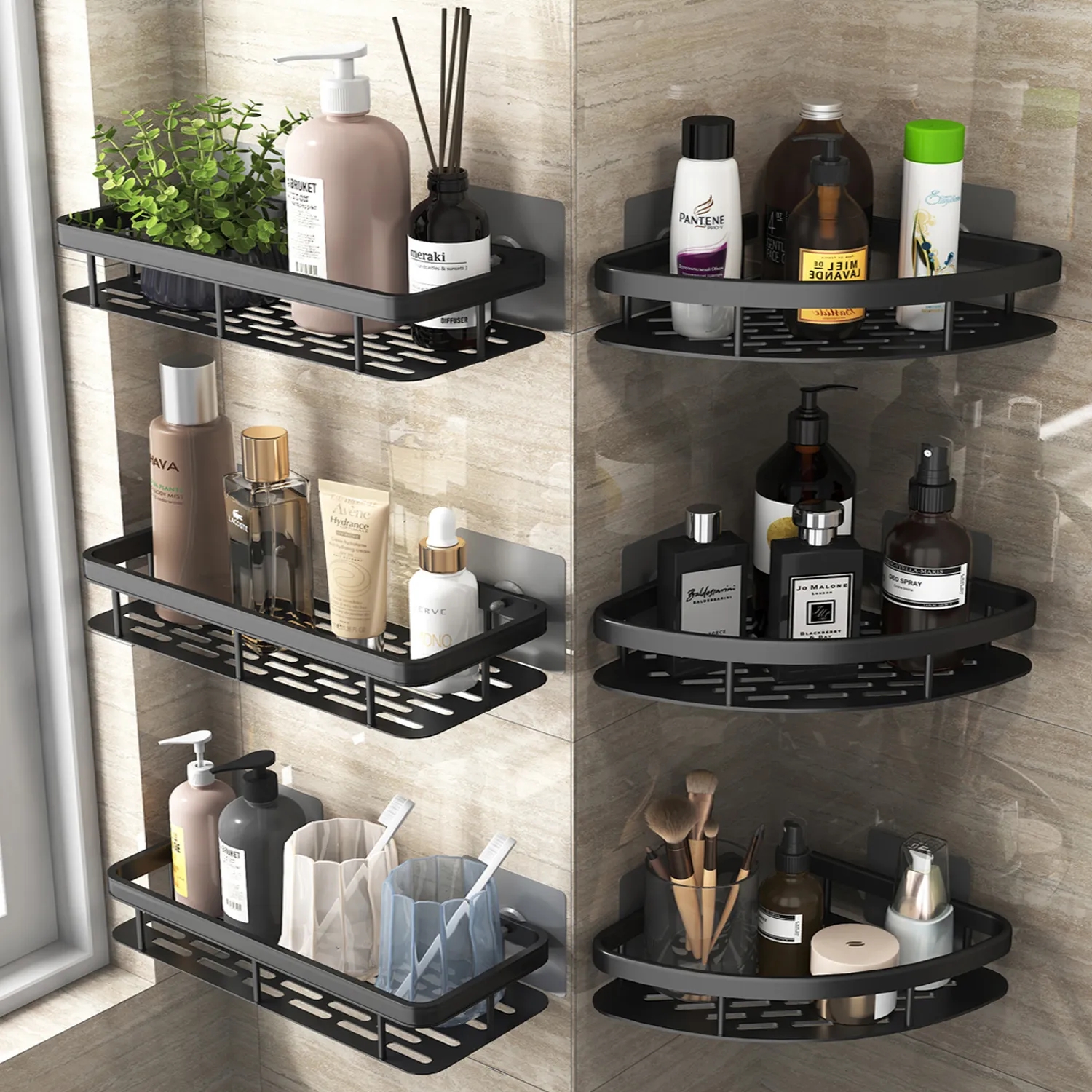 Estante de baño, organizador de almacenamiento de cocina, champú de estante de aleación de aluminio, estante de ducha, accesorios de baño, estante sin taladro, W23-440