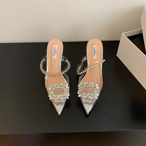 Women's Summer Fashion Crystal Bridal Shoes One Word Belt Sandals High Heels Transparent Rhinestone <b>Half</b> Slippers for Outer Wear - Product Image 6