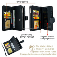Étui portefeuille magnétique en cuir PU avec fermeture éclair et sangle pour Samsung S25 Ultra, avec porte-cartes pour femmes et hommes