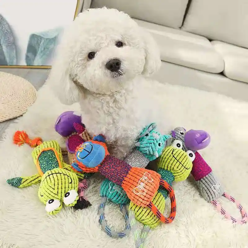 Factory Wholesale Cute Animal Tug of War Pull Interactive Dog Toy with Cotton Ropes Dog Chew Toy Plush Squeaky Dog Toy