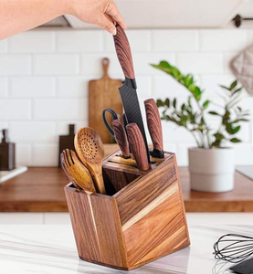 Portautensili da Cucina in Legno Massello di Acacia Sostenibile, Divisibile, con Coperchio Drenante Rimovibile, Contenitore Multi-Scomparto da Appoggio - Product Image 3