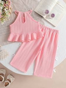 Set di Abbigliamento per Bambina 2 Pezzi: Giacca con Fiocco Tridimensionale e Orlo a Balze, Pantaloni Dritti, Colore Unico, 100% Cotone - Product Image 2