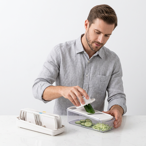 Ensemble de trancheurs de fruits et légumes 7 pièces, trancheuse manuelle en plastique, récipient, lames en acier inoxydable, multifonction, passe au lave-vaisselle - Product Image 1