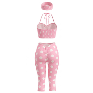 Viviblook Q26ST076 Women <b>Summer</b> Sexy Sleeveless Halter Crop Top Tight Cropped <b>Pants</b> Polka Dot Printed 3 Piece Set With Headband - Product Image 3