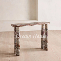 Table console ovale en marbre veiné naturel Dream Home avec plateau incrusté de sphères de pierre et pieds sculpturaux – Meuble d'appoint pour entrée