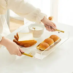 Factory Wholesale Custom Clear Acrylic Decorative Lucite Serving Tray With Metal Handles For Storage Organizer